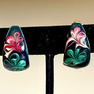 Vintage Enamel Floral Clip On Hoop Earrings Pink Green Blue Gold Tone Art EUC